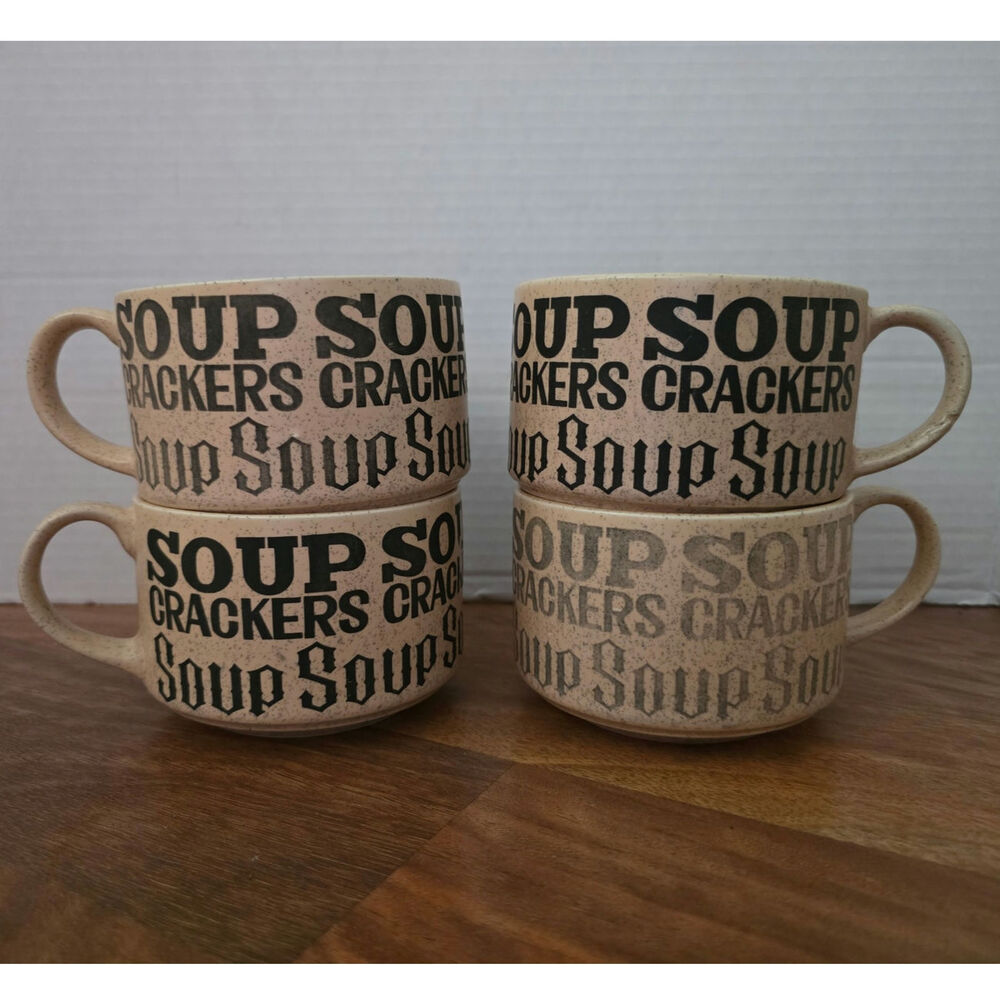 Vintage 1970s Soup & Crackers Stoneware Mug Bowls Set of 4 Speckled Japan